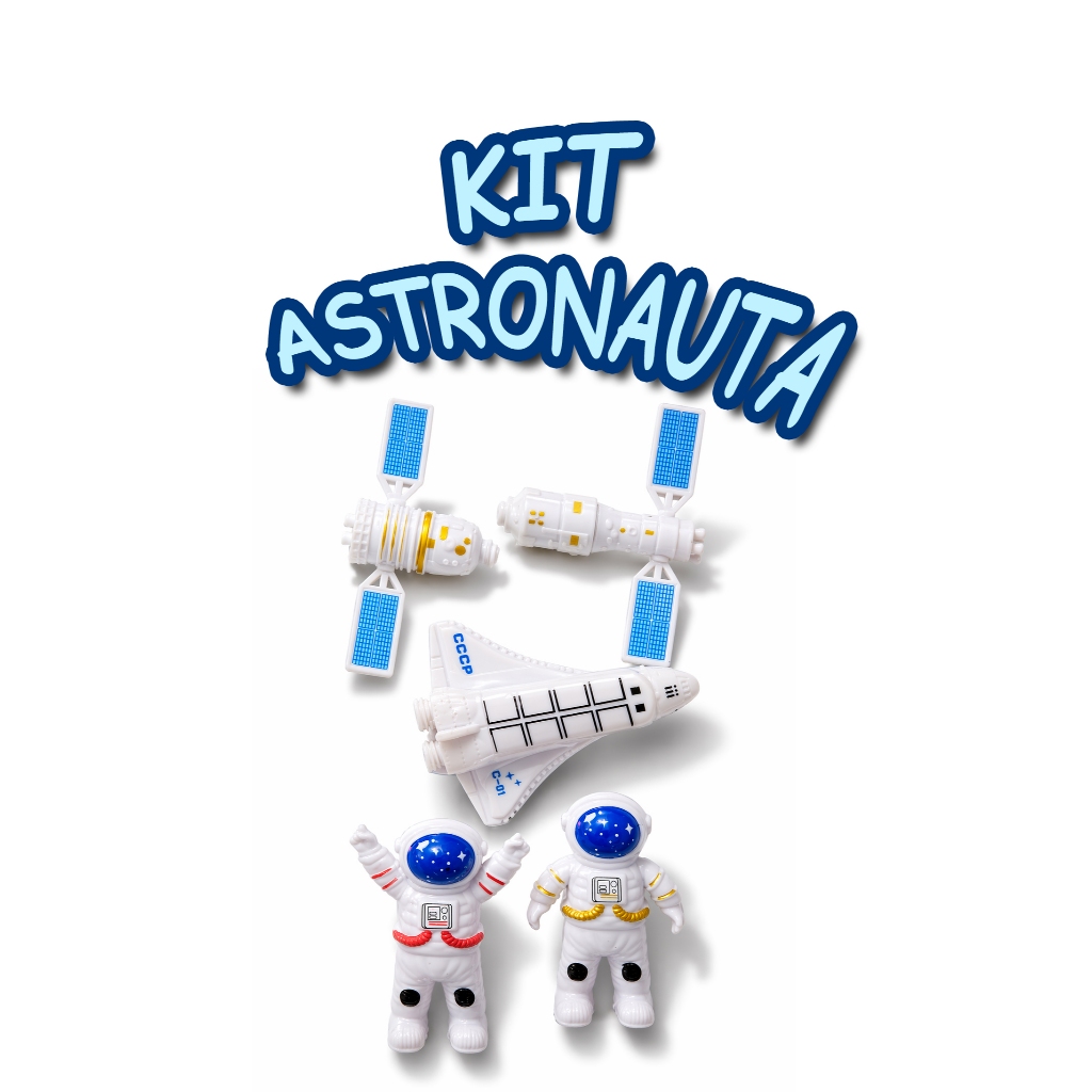 Kit Mini Astronautas com 2 Bonecos, Foguete e 2 Satélites de Brinquedo Kit Bonecos Astronautas