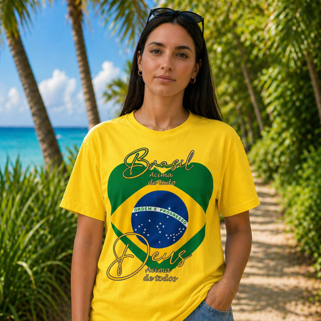 Camisa Camiseta Feminina Blusa do Brasil Tshirts Bandeira Deus Gola Redonda 100%Algodão Premium Copa