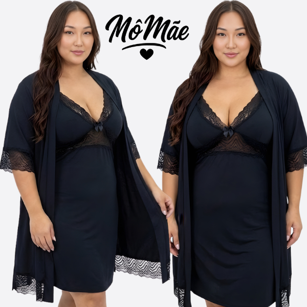 Kit Camisola Amamentação + Robe Plus Size Faixa Gestante Saída de Maternidade Rendado 48 ao 54