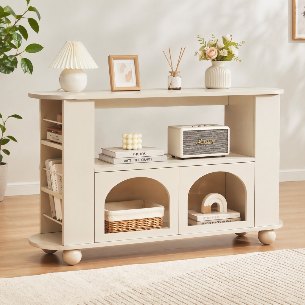 Aparador Buffet Estilo Creme 120cm - Balcão Cantinho do Café Multifuncional com Portas de Vidro e Prateleira Lateral