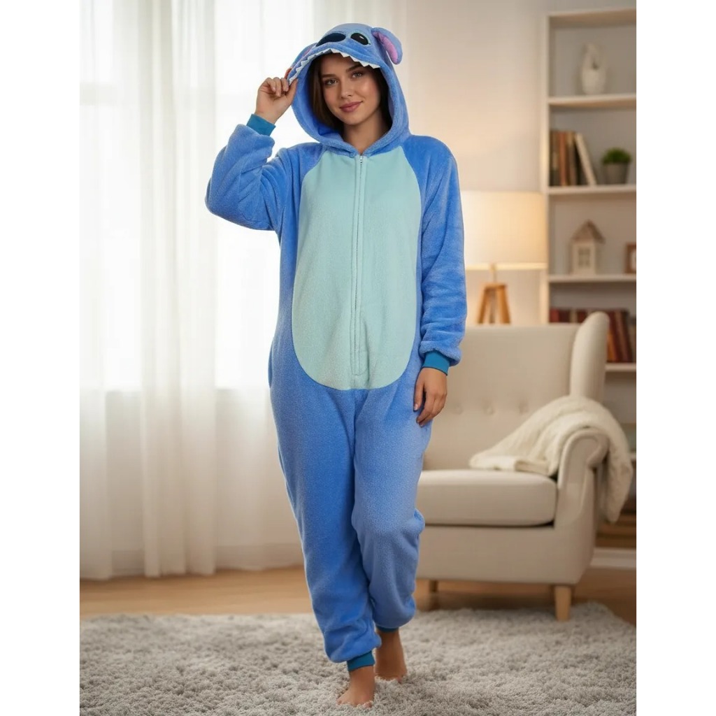 Pijama Stitch Kigurumi com Tecido Macio e Confortável para Adultos e Crianças