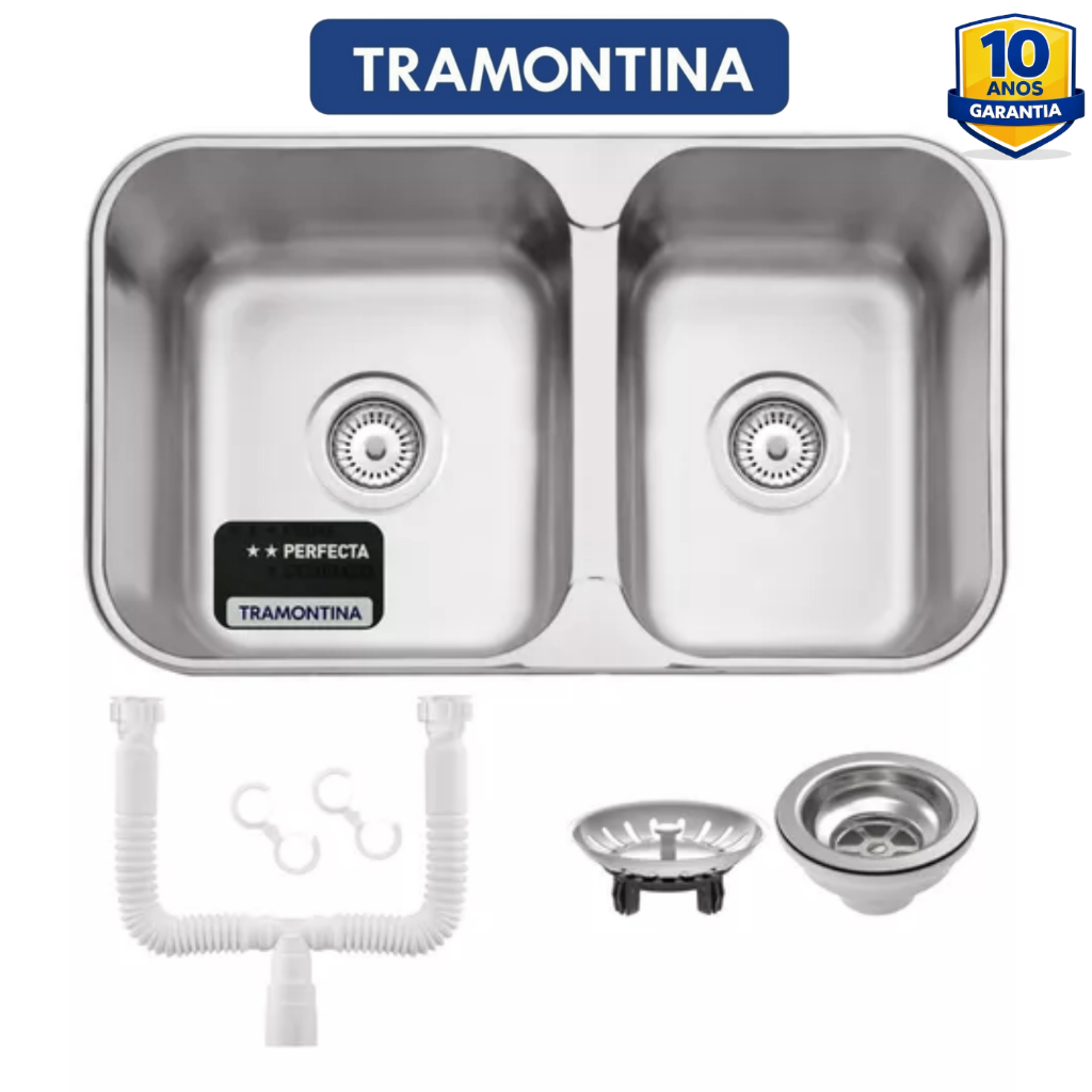 Cuba Tramontina Dupla 69x40 Inox Isis 2c 34-28 Bs Pia Cozinha de Embutir Sobrepor Aço Acetinado Válvulas Tramontina