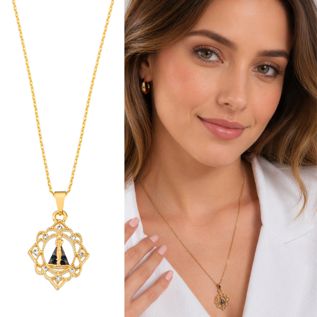 Colar Gargantilha Com Pingente E Imagem De Nossa Senhora Aparecida Banhado Ouro 18 K