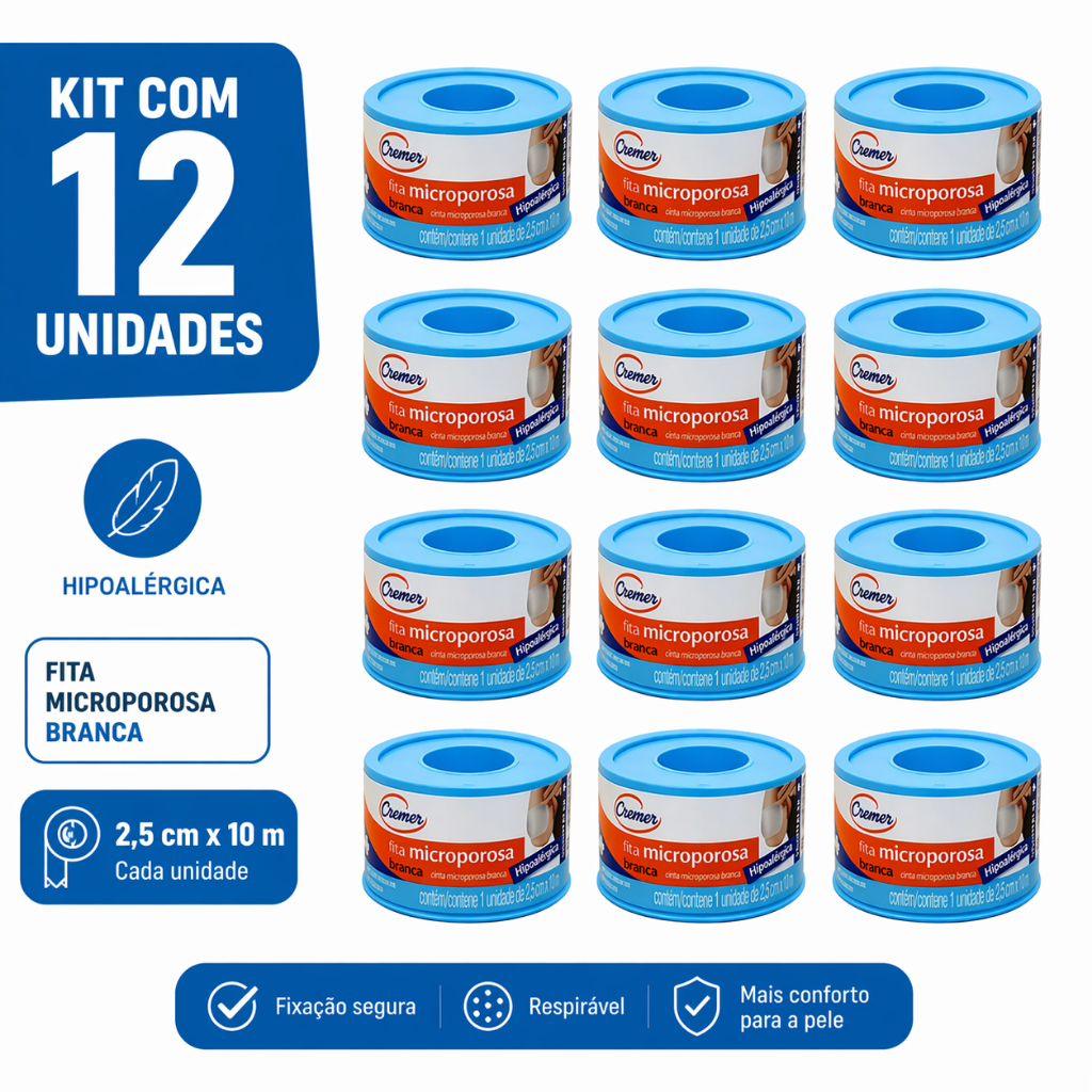 Fita Microporosa Cremer 2,5cm x 10m Kit 12 Unidades Branca
