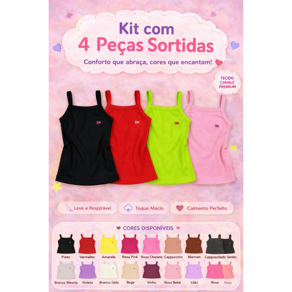 Kit 4 Regatas Femininas Alcinha Juvenil/Infantil - Oferta Imperdível
