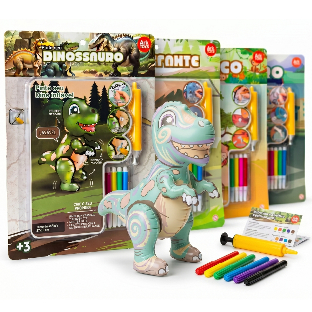 Brinquedo Inflável De Colorir Lavável + Canetinhas Criativo Infantil Dino Macaco Carro Elefante