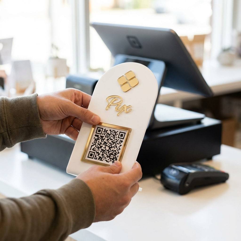 Placa Display com QR Code para Mesa ou Balcão em Loja Escritório Recepção Pagamento Pix