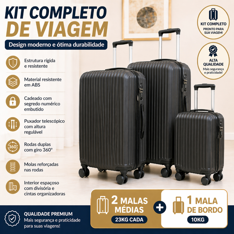 Kit Malas: 2 Malas Médias 23kgs + 1 Mala de Bordo Giratória 360°; Envio Imediato