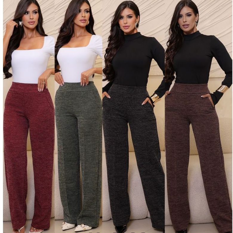 Calça Pantalona Feminina Elegante Estiloso Inverno Tecido Rib Premium Cintura Alta Bolso Funcional