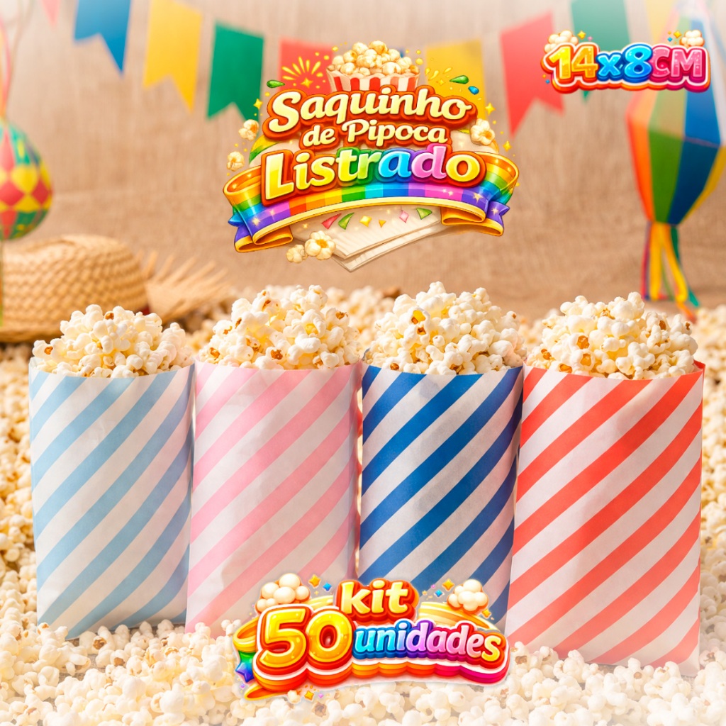 50 Saquinhos De Pipoca Listrado 14x8cm De Papel Kit Com 50 Unidades Silver Festas