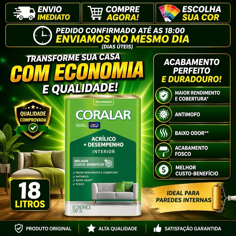 Tinta Acrílica Coral Coralar 18LT Anti Mofo Fosco Sem Cheiro Acrílico +Desempenho 18 Litros