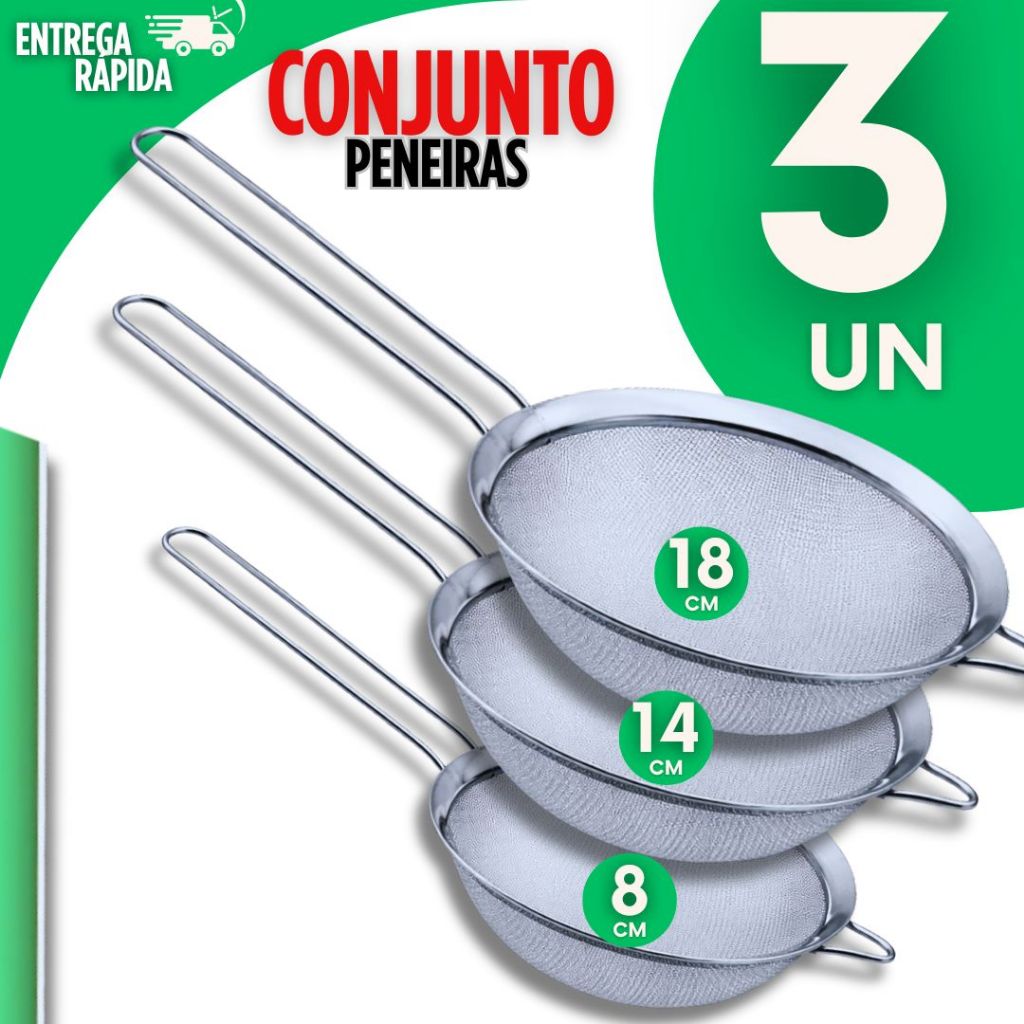 Kit Especial 3 Peneira Coador de Inox 08CM 14CM 18CM  Peneira Cozinha Premium Utilidades Excelente Qualidade Buffet