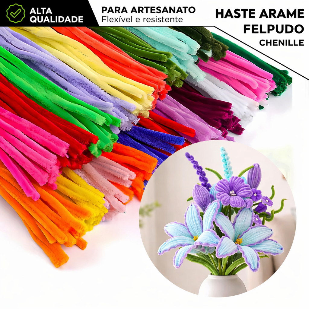 Haste Chenille 100 Unidades 30cm Colorido Limpador de Cachimbo Arame Felpudo Artesanato Escolar - BC