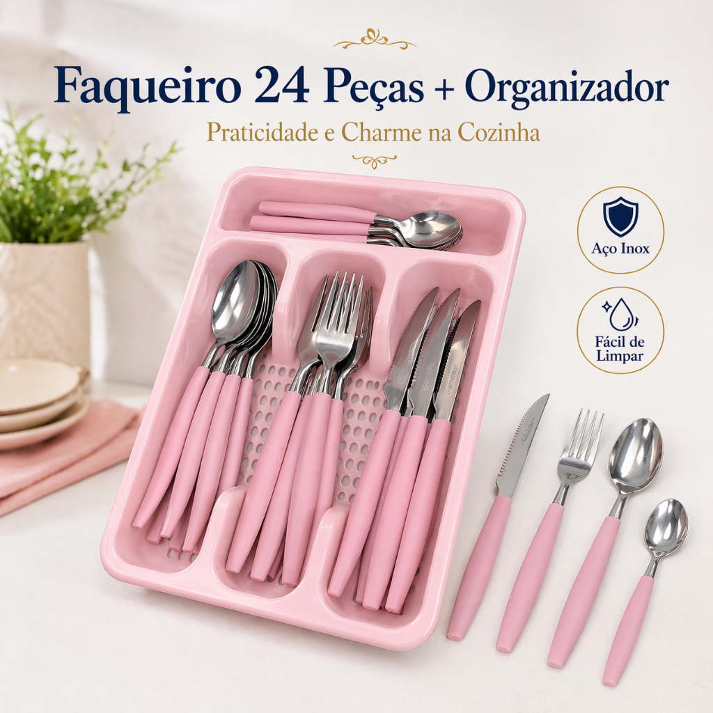 Jogo de Talher 24 Peças + Organizador Rosa, Faqueiro Inox, Porta Talher, Talheres