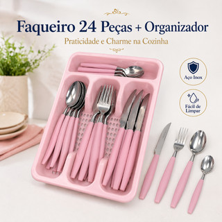 Jogo de Talher 24 Peças + Organizador Rosa, Faqueiro Inox, Porta Talher, Talheres