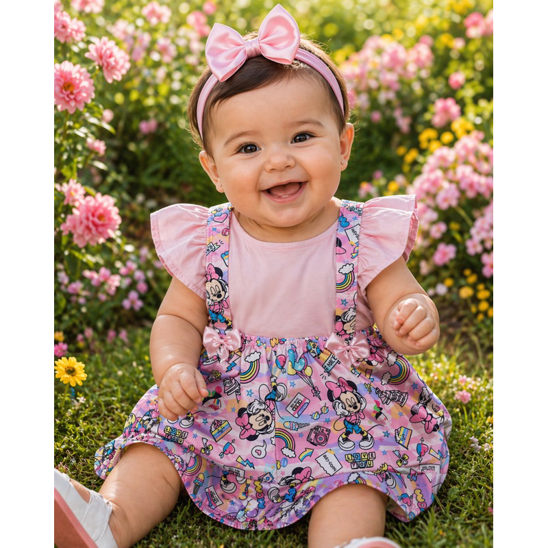 jardineira vestido Romper Saia Macacão Minnie rosa minie Roupa Bebê Menina Infantil Mesversário Minie Rosa minnie música