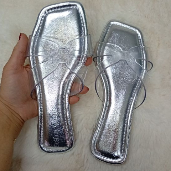 Rasteirinha Feminina Confortável Vinil H Transparente Palmilha Metalizada
