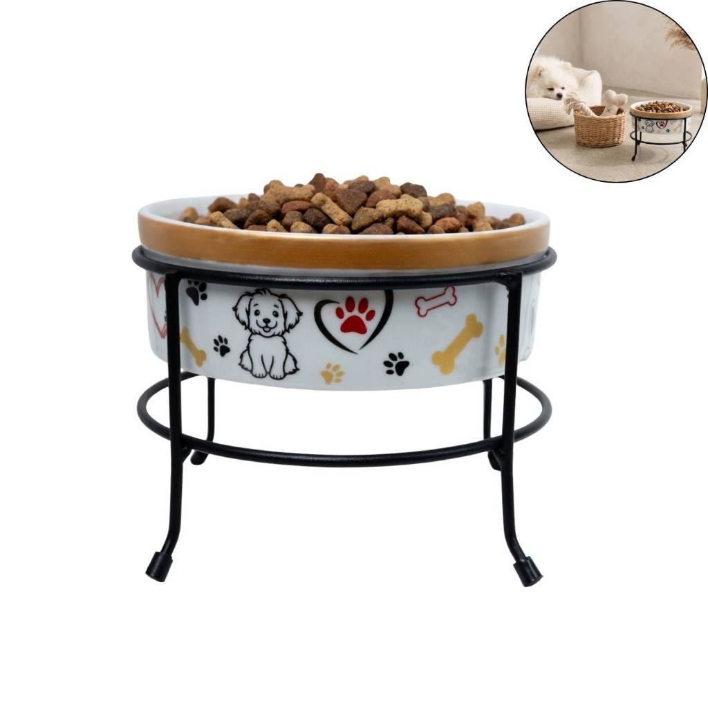 Comedouro Porcelana Suporte Elevado Caes Gatos Pets Ração 600ML