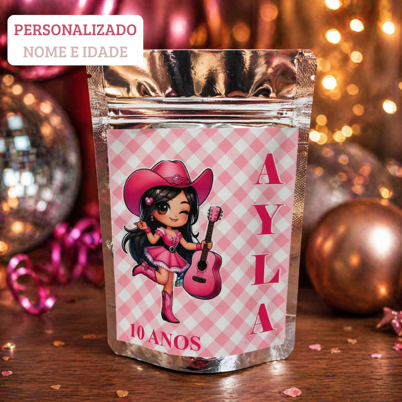 Saquinho Ziplock Metalizado Boiadeira Personalizado | Nome e Idade | Lembrancinha Infantil Aniversário