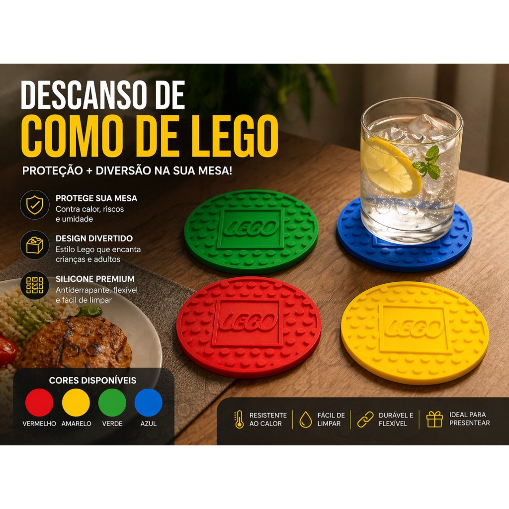 Descanso de Copo Lego Kit 4 Peças Porta Copos Divertido Proteção para Mesa Decorativo