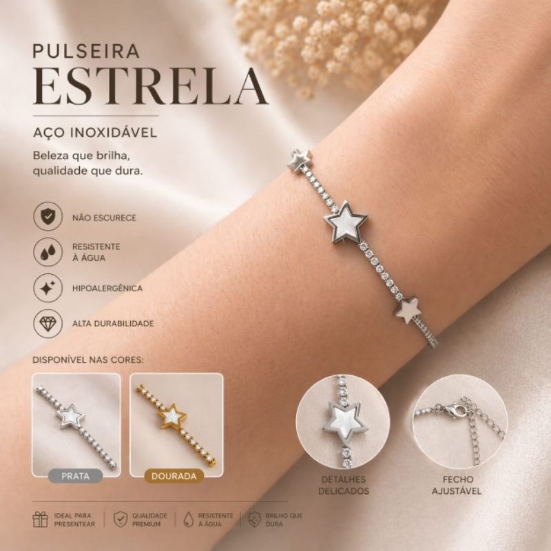 Pulseira Estrela Aço Inoxidável Feminina Prata/Dourada Ajustável Antialérgica com zirconia