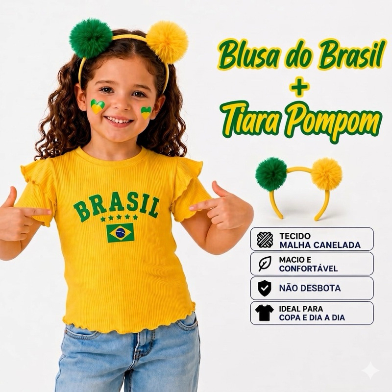 Blusa Brasil infantil + Tiara Pompom Brasil menina Copa do mundo Tamanhos 2 ao 12 anos (tiara vai variada)