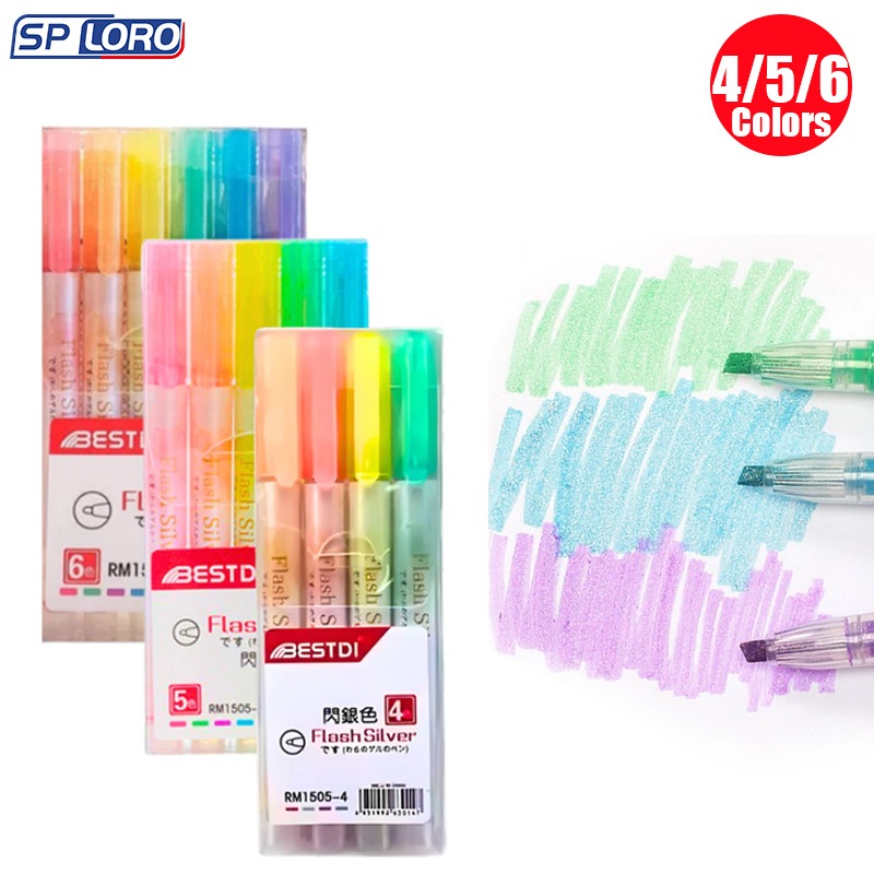 Kit Canetas Marca-texto Glitter 4-6 Cores Forma Garrafa pastéis fluorescência material escolar RM1505