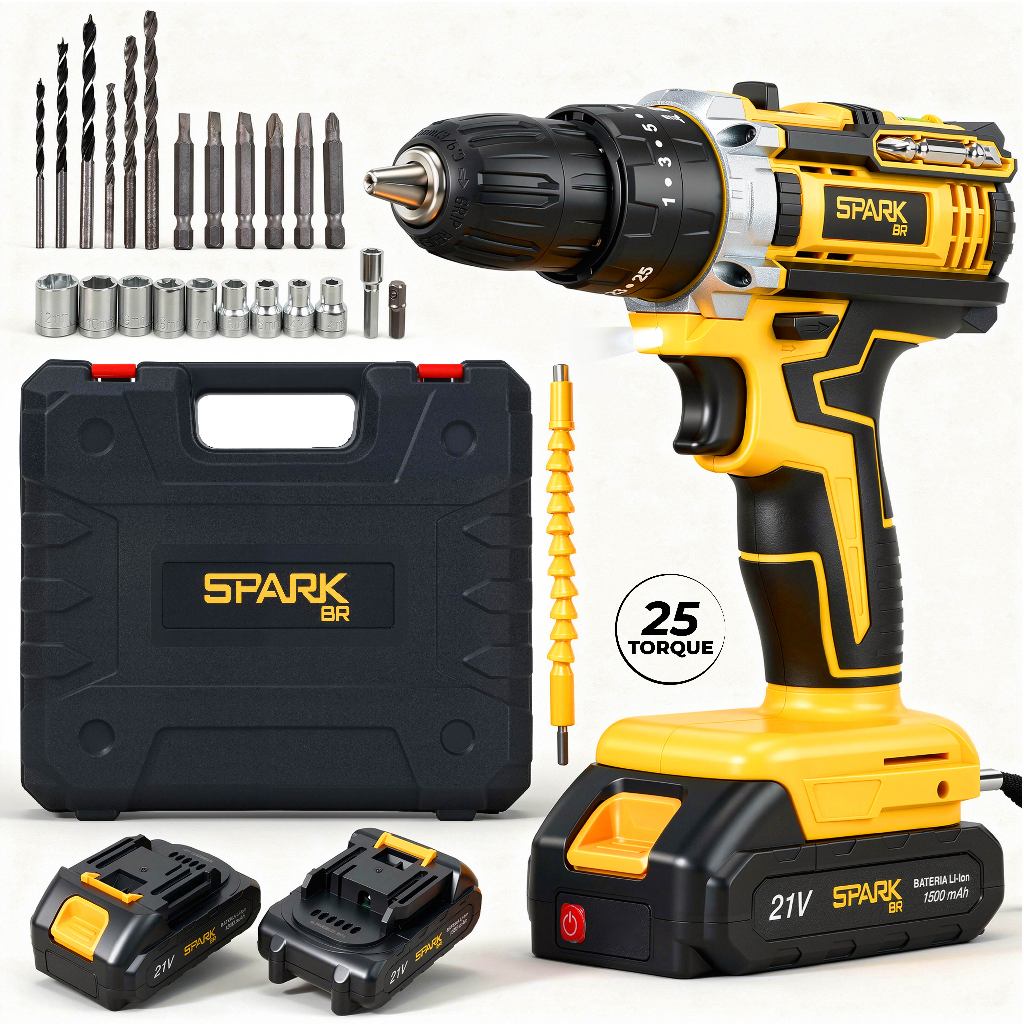 Parafusadeira Furadeira Sem Fio 21V 2 Baterias Bivolt Profissional Maleta Kit 26 Acessórios SparkBr