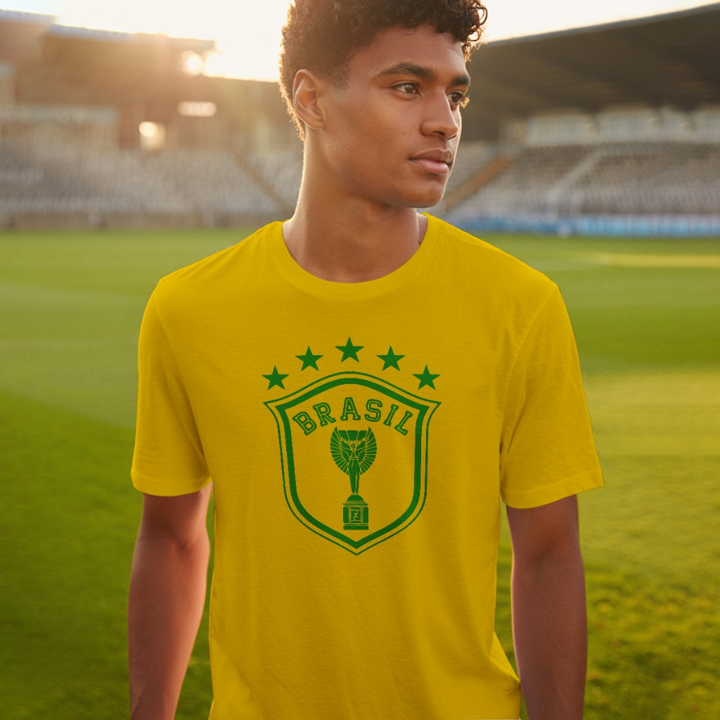 Camisa Camiseta Brasil Taça do Mundo Estrelas Campeão Escudo Estampa Futebol Moda Copa REF 3558 -