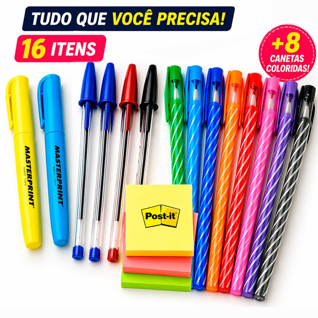 Imagem Kit Completo de Estudo 16 Itens BIC + Canetas Coloridas Ponta Fina + Marca Texto + Post-it  Estudo, Concurso, Escritório