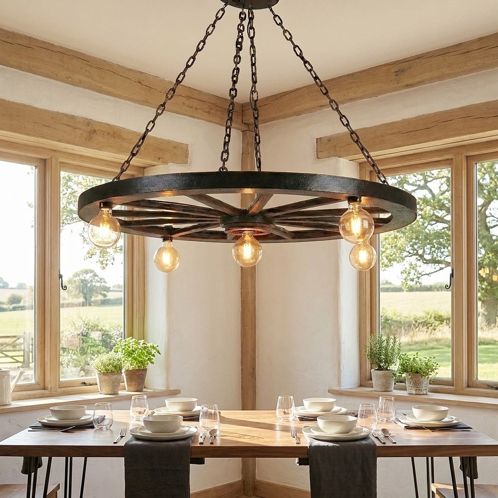 Lustre Pendente Com Corrente De Teto Luminária Roda De Carroça Rústica Antiga Estilo Casa De Campo