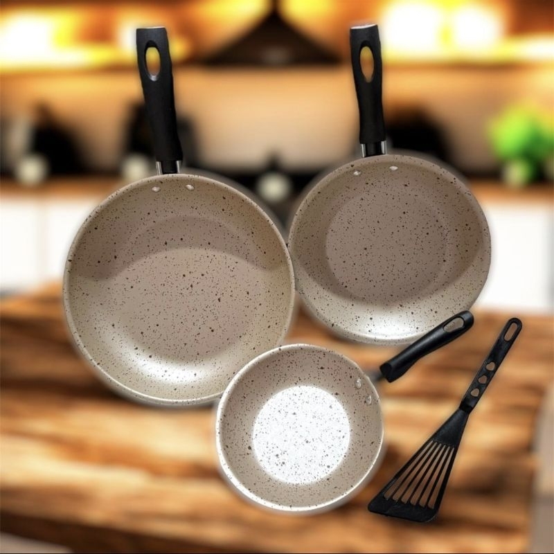 Kit 3 Frigideiras Antiaderentes Premium Granito Brancas 14cm 18cm 22cm + Espátula