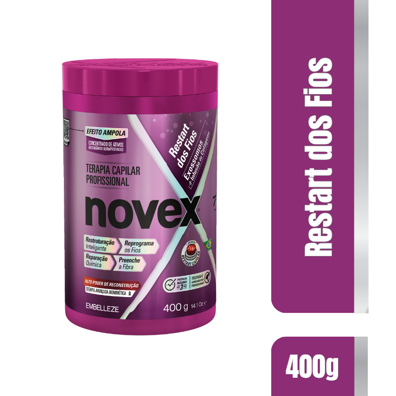 Pote de creme de tratamento capilar Novex Exossomos de 400g na cor roxa, com rótulo destacando a tecnologia de infusão de colágeno e efeito ampola.
