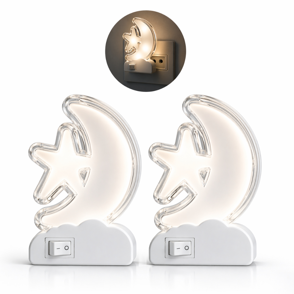 Kit 2 Luminária Mini Abajur Led Criança Bebê Luz Branca Tomada Decorativa Lua Quarto Sala Bivolt