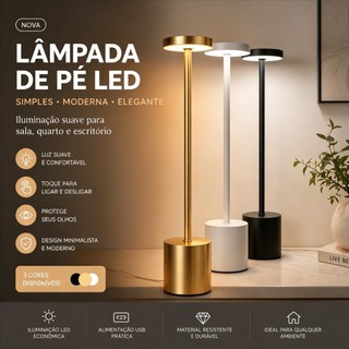 Luminária de Mesa Abajur Cabeceira Escrivaninha LED 3 em 1 Recarregável Tipo C Preto Crom…