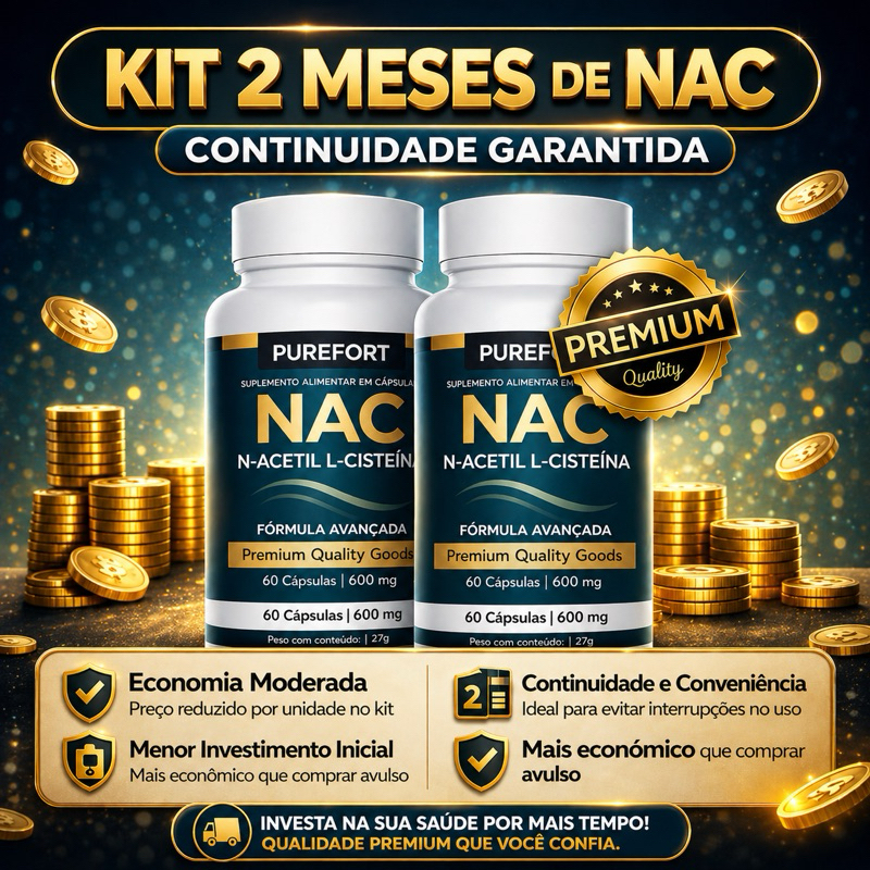 Kit 2 Econômico NAC 600mg – N-Acetilcisteína | Precursor da Glutationa | Imunidade & Fígado Saudável 120 Caps