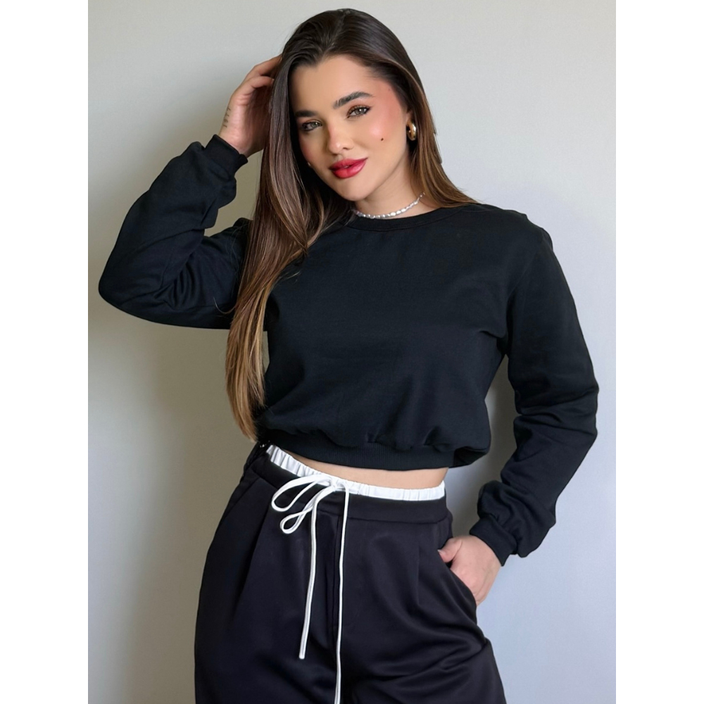 Cropped Moletom Blogueira Feminino Blusa de Frio Flanelada Manga Longa Casaco Manga Comprida Estilosa