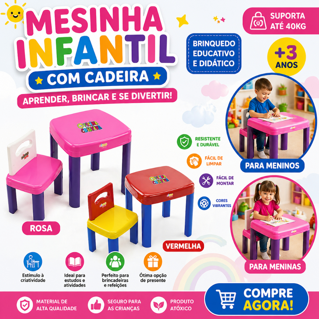 Mesa Mesinha Infantil com Cadeira Colorida – Brinquedo Educativo  Didático c/Inmetro MENINO E MENINA