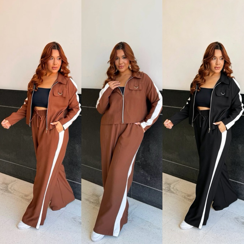conjunto plus size inverno jaqueta e calça com listra alfaiataria