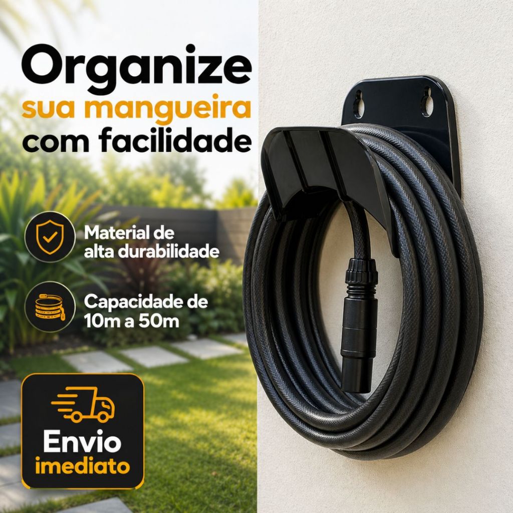 Suporte Mangueira Preto Parede 10 a 50m Plástico Reforçado Alta Durabilidade Resistente Jardim