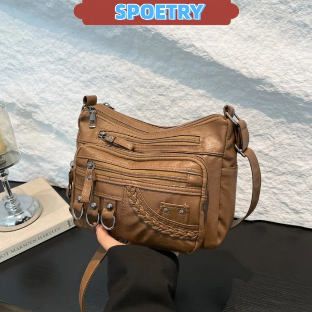 Bolsa Transversal Feminina de Couro Legítimo Bolsa de Ombro Vários Compartimentos Alta Capacidade