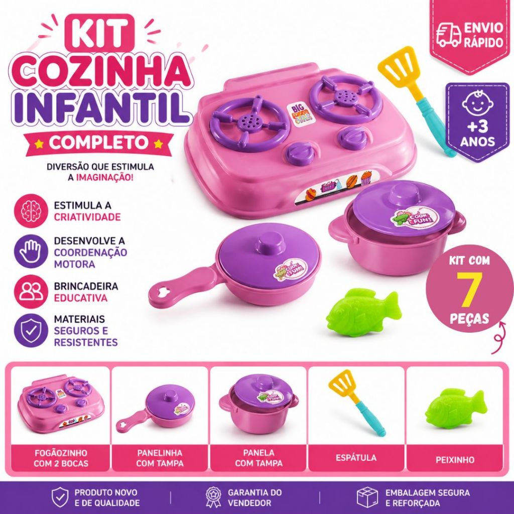 Detalhes do Kit Cozinha Infantil Completo Fogãozinho Panelinhas Brinquedo Educativo Rosa Menina