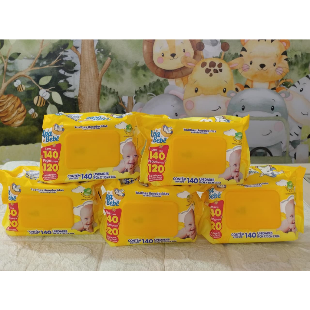 KIT 5 pacotes de lenços/toalhas umedecidas Upa bebê (700 toalhas) s/álcool, cada pacote 140 lenços de 19cm x 13 cm