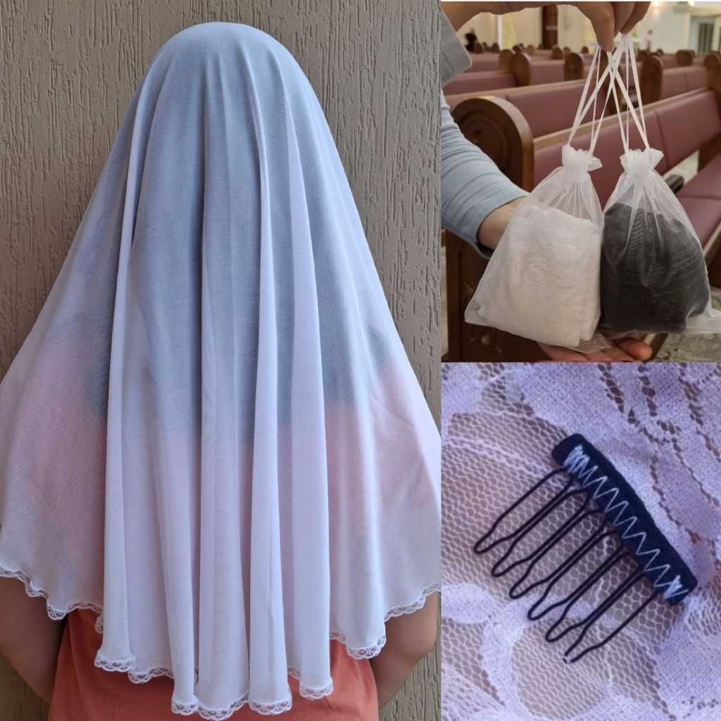 KIT- VÉU CATÓLICO BRANCO PARA MISSA + PENTE FIXADOR + PORTA VÉU