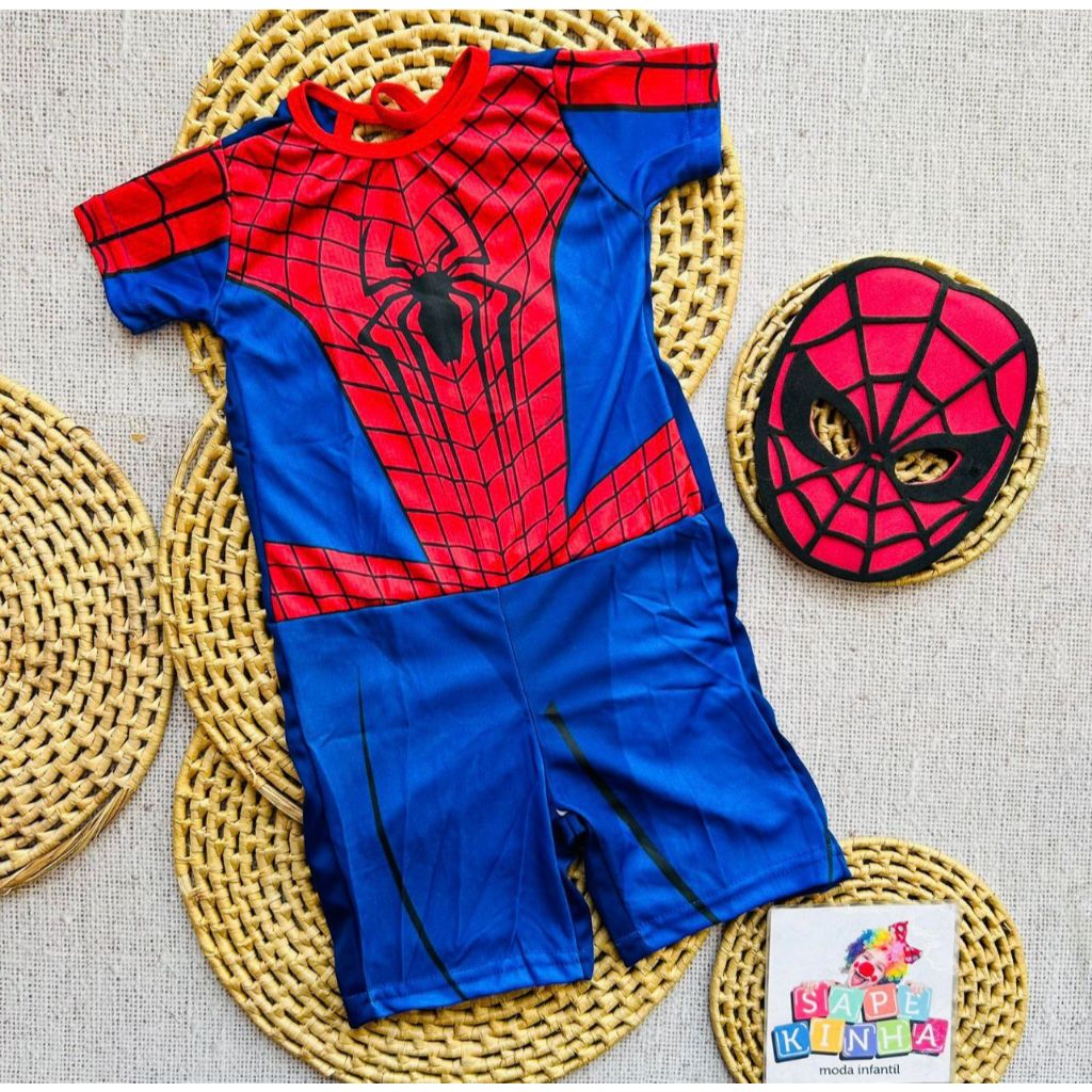 Macação de Helanca + Mascara EVA Fantasia Homem Aranha Infantil, Super Herói, Com Máscara Spider-Man