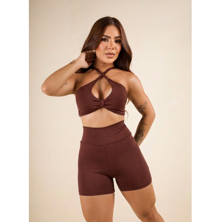 Conjunto de Academia Feminino Top + Short Marrom Curto Cintura Alta sem Transparência com Bojo Removível