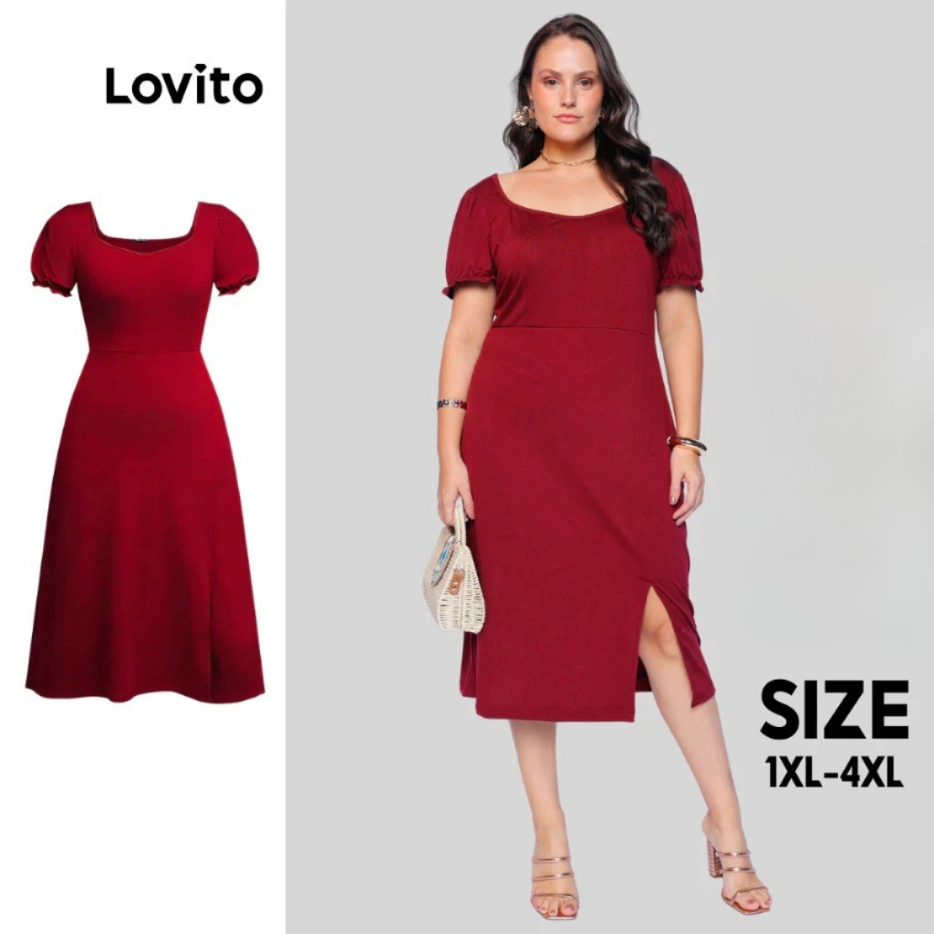 Lovito Plus Size Vestido Midi com Fenda DRB171BRL200