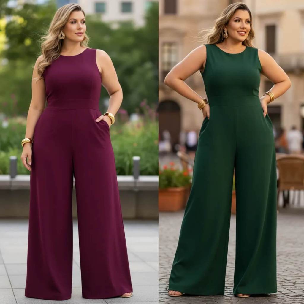Macacão Feminino Longo Plus Size Feminino Pantalona Elegante Ajustável Elástico Confortável Sofisticado Zíper P ao 54