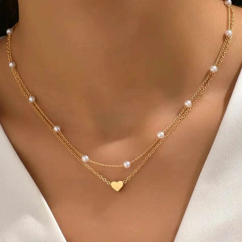 Colar Feminino Pérolas Coração Dourado Aço Inoxidável Choker Delicado Elegante Romântico Presente Fashion