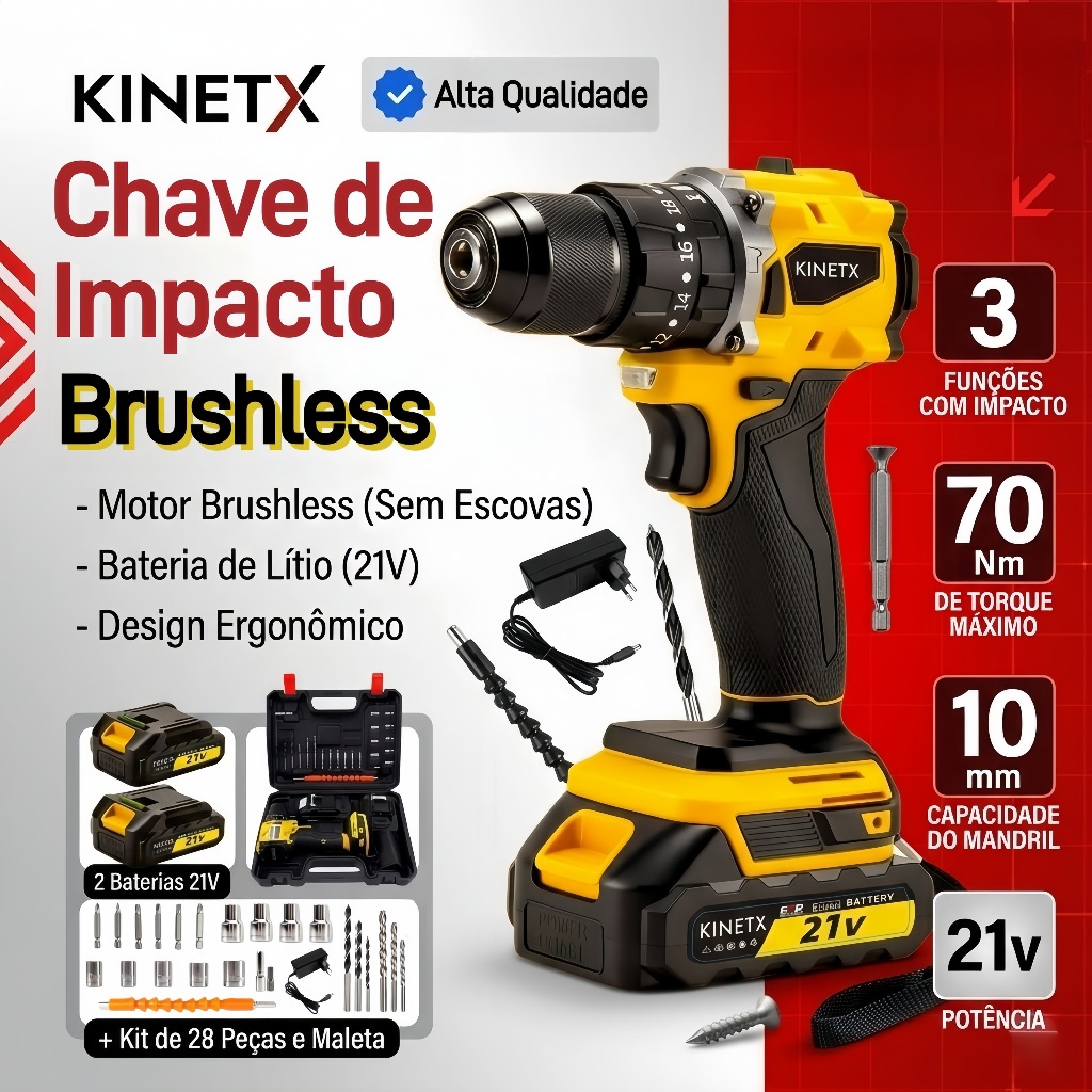 Kit Furadeira e Parafusadeira de Impacto KINETX Brushless MAX 98VF MRX Mandril 10mm C/ Maleta